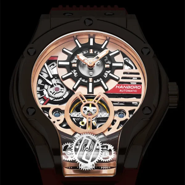 HANBORO Car Design Mechanic Watch Luxury Men Watches Mechanical Wristwatches Earth Skeleton Flywheel Watch Orologio Uomo - Image 4