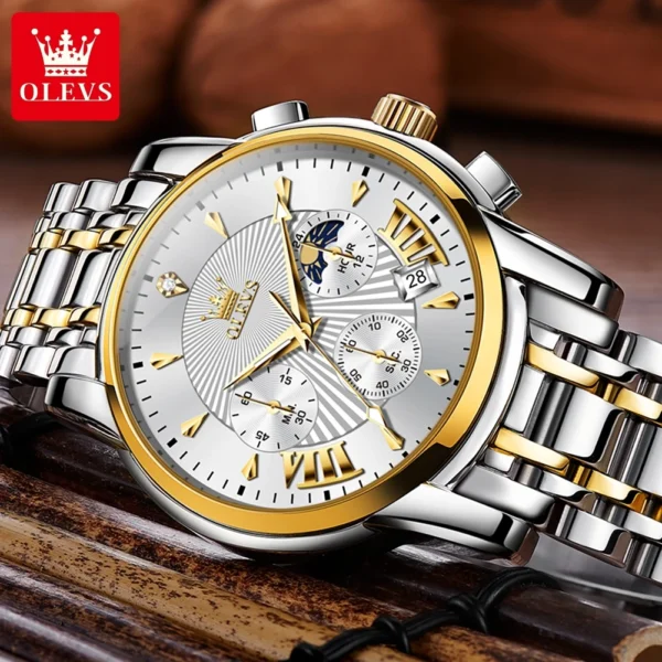 OLEVS Luxury Brand Quartz Watch for Men Waterpoof Chronograph Men's Wristwatch Auto Date Dual Calendar Moon Phase Man Watch New - Image 3