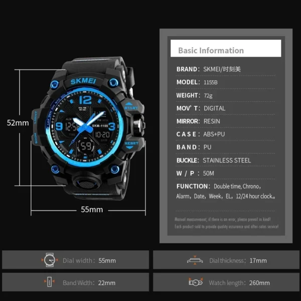 SKMEI 1155B 5Bar Waterproof Dual Display Wristwatches Relogio Masculino watch Sport Men Military Digital Watches Sport Watch - Image 6
