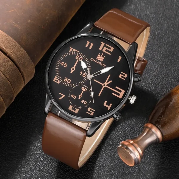 Kegllect 5PCS Men Quartz Watch Round Dial Leather Strap Bracelet Set Ideal Choice for Gifts(Without Box) - Image 4