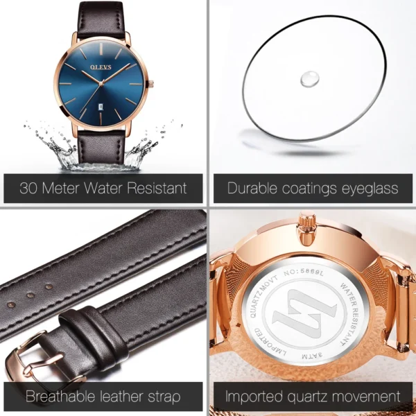 OLEVS ultrathin Watch for Men Luxury Quartz Wristwatches Casual Genuine Leather Simple Design Thin Mens Watches Japan movement - Image 5
