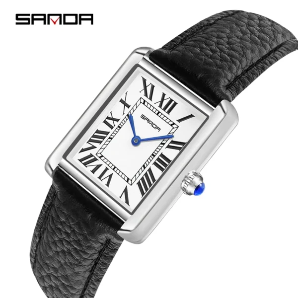 SANDA Men Women Quartz Watch Roman Numeral Square Stainless Steel Leather Wristwatch Casual Lovers Water Resistant Ladies Watch - Image 2