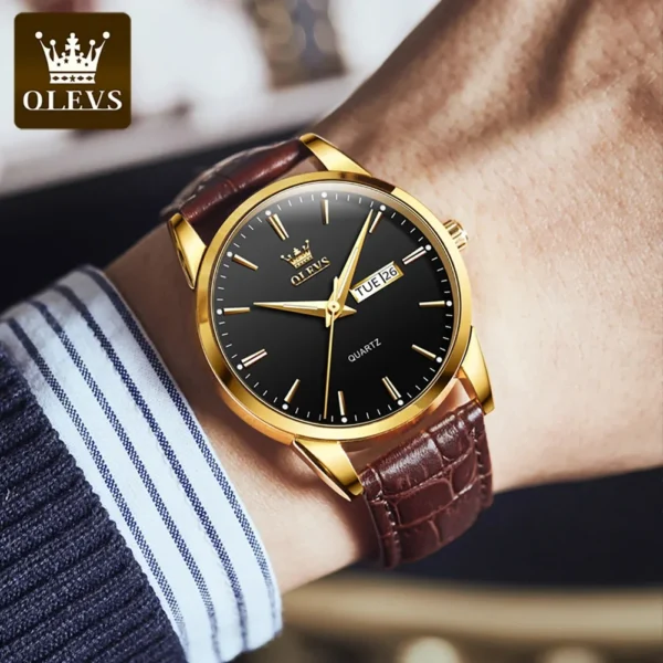 OLEVS 6898 Business High Quality Men Wristwatches, Waterproof Quartz Genuine Leather Strap Watches For Men Calendar Week Display - Image 4