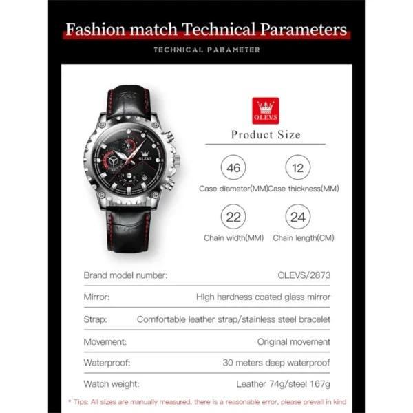 Olevs 2873 men's watch big dial 46mm deep waterproof sport watches men Quartz fashion chronograph wristwatch leater strap - Image 6