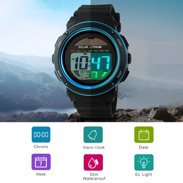 Skmei Men Solar PU Strap Wristwatches Mens Chronograph Alarm 5Bar Waterproof Digital Watch Reloj Hombre Outdoor Sport Watch 1096 - Image 4