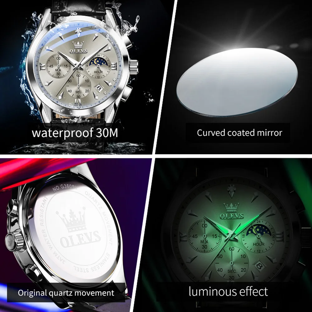 OLEVS 3609 Chronograph Fashion Quartz Watch For Men Calendar Waterproof Luminous Hand Clock Moon Phase Business Man Watches 2024 - Image 4