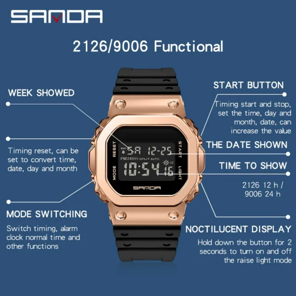 SANDA New Luxury LED Electronic Digital Watch Fashion Casual Women's Watches Ladies Clock Male Wristwatch Relogio Feminino 2126 - Image 3