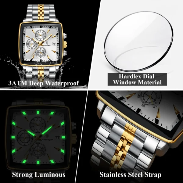 POEDAGAR Luxury Square Sport Man Wristwatch Waterproof Luminous Chronograph Quartz Men's Watches Stainless Steel Men Watch Reloj - Image 4