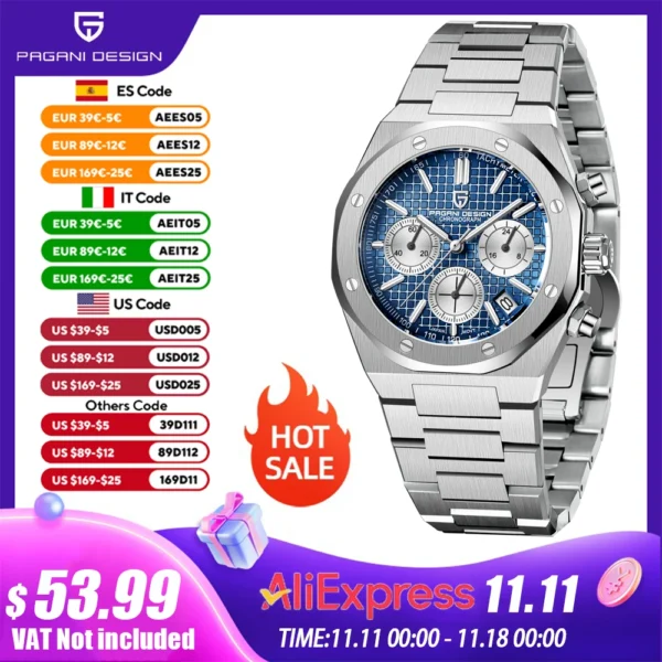 PAGANI DESIGN Luxury Sports Men's Quartz Watches PD1707 VK63 Stainless Steel Sapphire Waterproof Chronograph watches for men