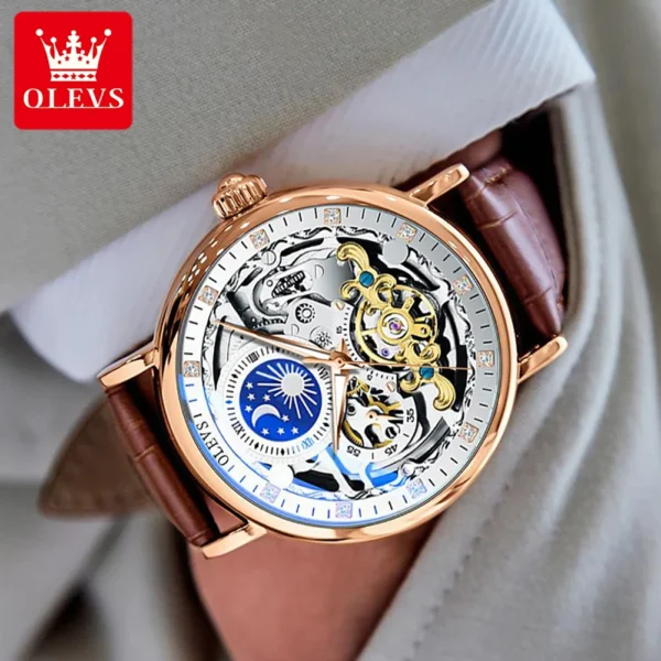 OLEVS Moon Phase Mechanical Watch Men with Dual Time Zone Display Waterproof Automatic Skeleton Mens Watches Top Brand Luxury - Image 6