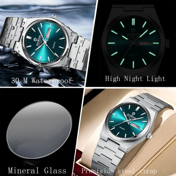 BINBOND Fashion New Men Business Watch Leisure Quartz Stainless Steel Buckle Watches Waterproof Luminous Calendar Men's Watches - Image 5