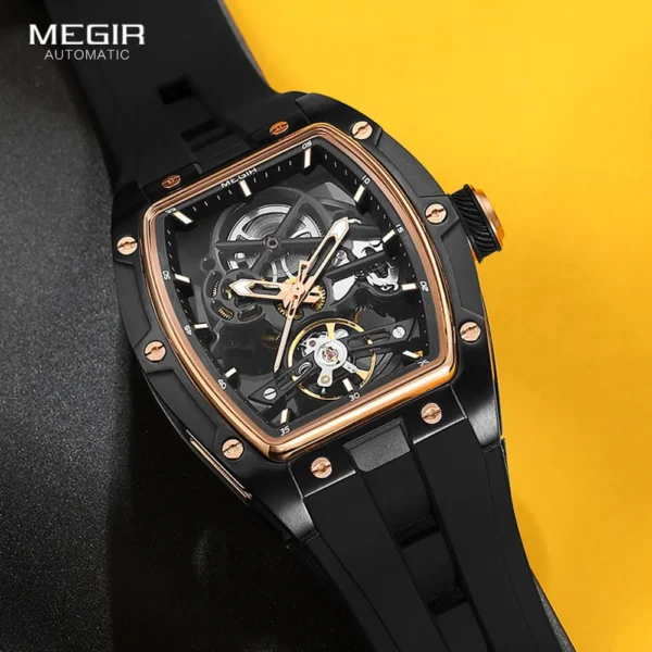 MEGIR 2242 Blue Automatic Watch for Men Sport Waterproof Stainless Steel Mechanical Wristwatch with Silicone Strap Skeleton Dial - Image 3