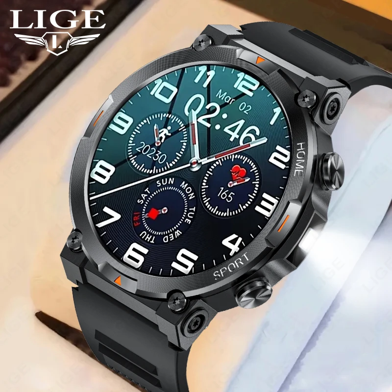 LIGE Outdoor Smart Watch Men Bluetooth Call AMOLED HD Screen Heart Rate Flashlight IP68 Waterproof Smartwatch For Xiaomi Huawei