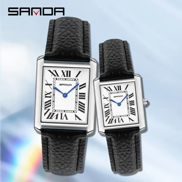 SANDA Couple Watch Men Waterproof Casual Fashion Quartz Watches Stainless Leather Strap Square Dial Design Ladies Lover Clock - Image 2