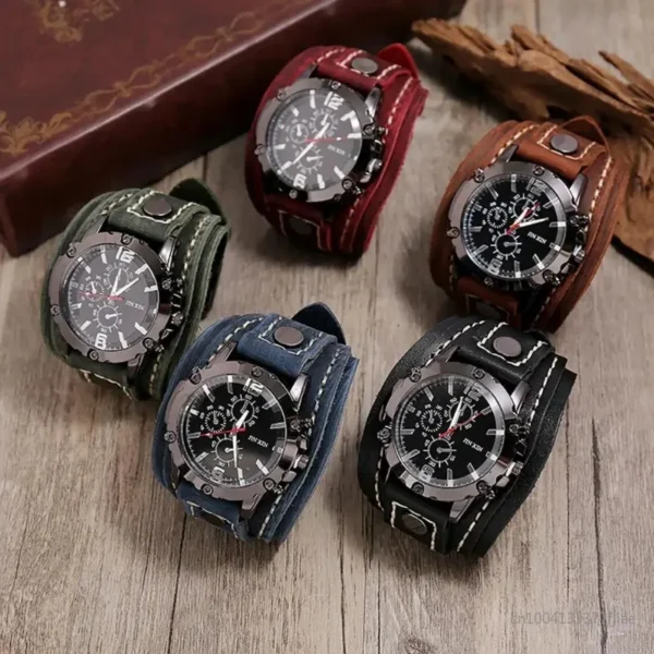 Retro Mens Quartz Watch Round Dial Precise Adjustable Cool Birthday Gift Universal Handmade Sewing Faux Leather Strap Watch - Image 4