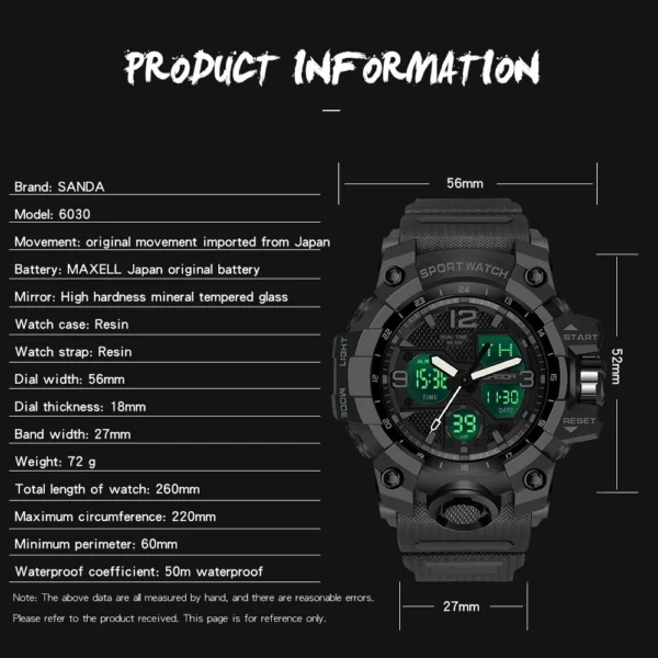 SANDA Men Military Watches G Style White Sport Watch LED Digital 50M Waterproof Watch S Shock Male Clock Relogio Masculino - Image 6