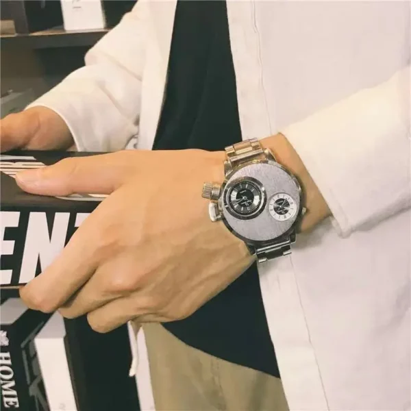 YIKAZE Luxury Quartz Men's Watches Punk Style Dual Dial Business Men Wristwatch Stainless Steel Strap Waterproof Military Watch - Image 5