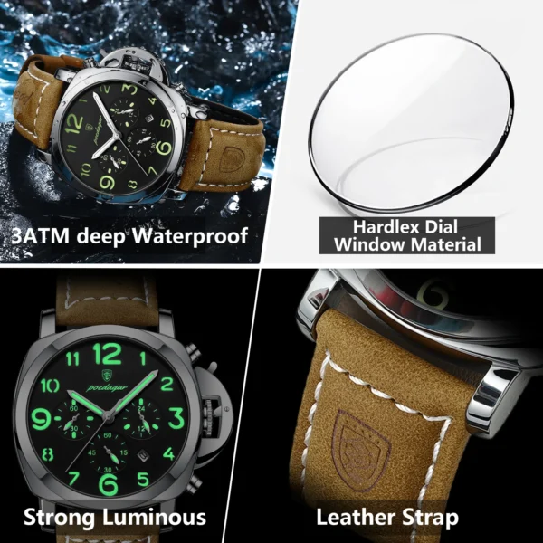 POEDAGAR Luxury Man Watch Chronograph Waterproof Luminous Date Watch for Men Casual Leather Sports Military Men's Quartz Watches - Image 4