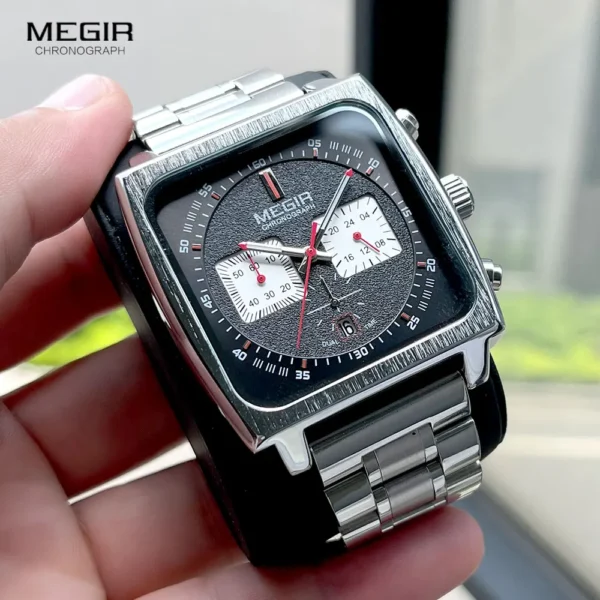 MEGIR Square Dial Quartz Watch Men Stainless Steel Strap Chronograph Sport Wristwatch with Date Luminous Hands 24-hour Indicator - Image 2