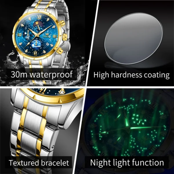 Original OLEVS Brand Quartz Watch for Men Waterproof Stainless Steel Luminous Wristwatch Moon Phase Leather Man Watches NO.9807 - Image 3