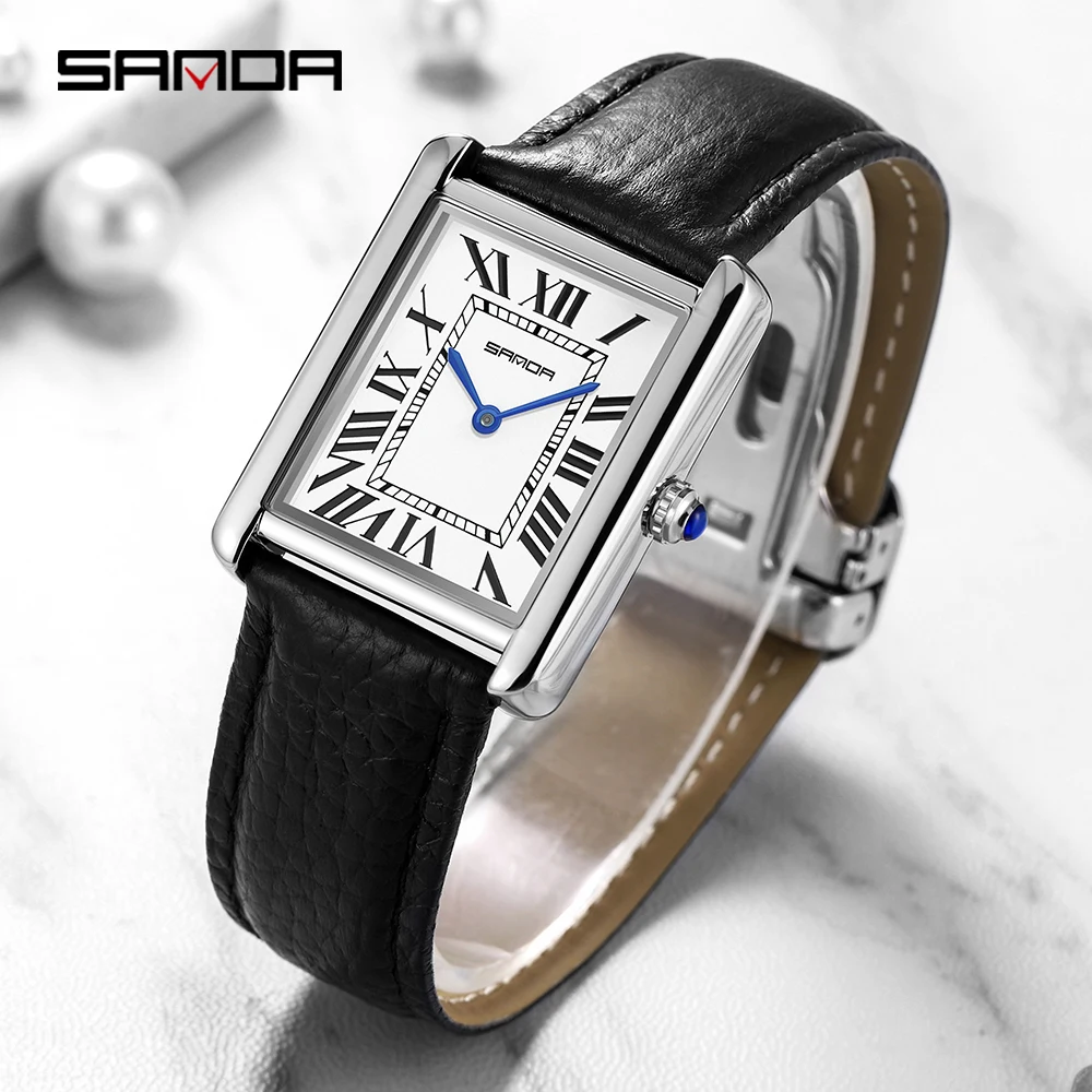 SANDA Men Women Rectangular Quartz Wrist Watches for Casual Ladies Stainless Watches Luxury Leather Lovers Gift Box Clock - Image 2