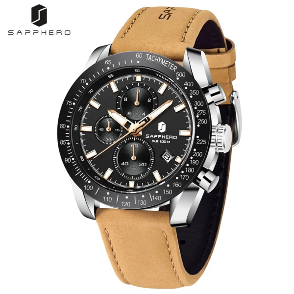 SAPPHERO Fashion Quartz Men Leather Watch Branded Luxury Men Chronograph Waterproof Clock Sports Watch