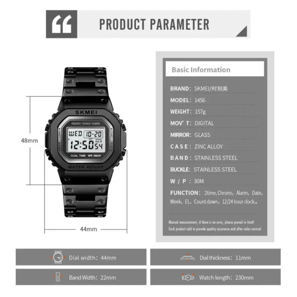SKMEI 3Bar Waterpoof Alarm Clock Alloy Case Digital Men Watches reloj hombre Fashion Sport Watch Men Digital Watches 1456 - Image 6