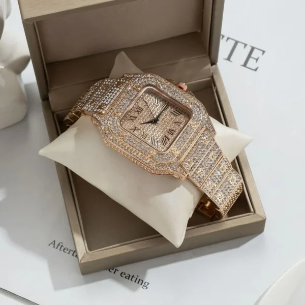 MAYZHISU Watch For Men Luxury Gold Square Men's Wristwatch Alloy Strap Full Diamond Business Quartz Watch for man Clock Gifts - Image 4