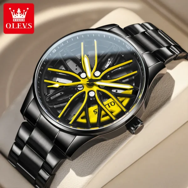 OLEVS Rotation Rim Hub Sports Car Watch Men Watches Waterproof Stainless Steel Wheel Quartz Wristwatch Men with Luminous Hands - Image 2