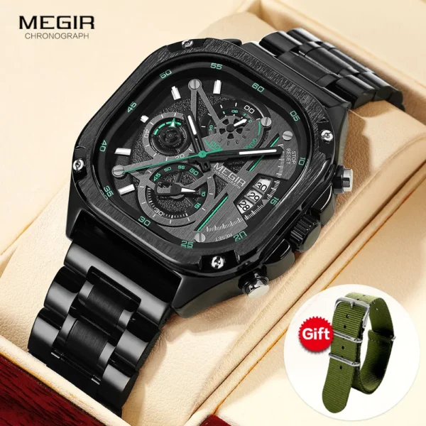 MEGIR Black Quartz Watch Men Waterproof Square Dial Wristwatch with Chronograph Stainless Steel Strap Luminous Hands Auto Date - Image 2