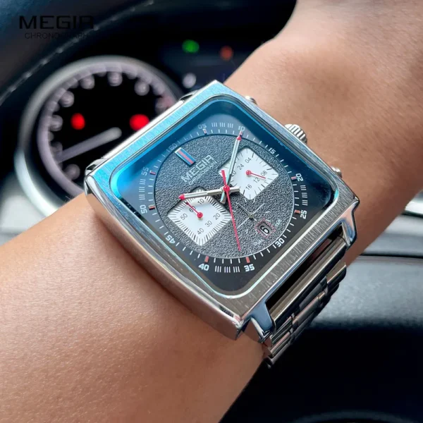 MEGIR Square Dial Quartz Watch Men Stainless Steel Strap Chronograph Sport Wristwatch with Date Luminous Hands 24-hour Indicator - Image 3