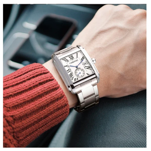 Luxury Top Brand Square Mens Wristwatches Unique Design Rose Gold Calendar Stop Watch Genuine Leather Quartz Business Male Clock - Image 3