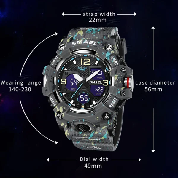 Men Watches Sport SMAEL Military Watch Camouflage Style 50M Waterproof Clock Alarm Stopwatch 8008 Quartz Wristwatches For Men - Image 3