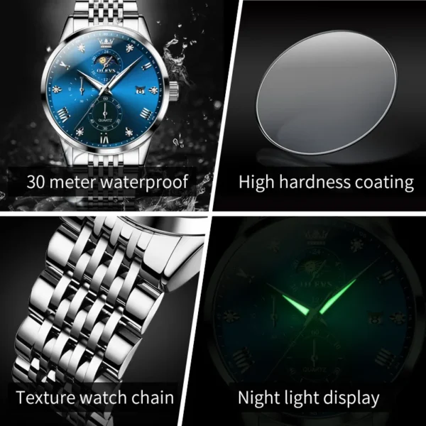 OLEVS 2925 Mens Watch Original Brand Quartz Wristwatch Waterproof Luminous Watches For Men Automatic DateThree Small Dial Reloj - Image 5