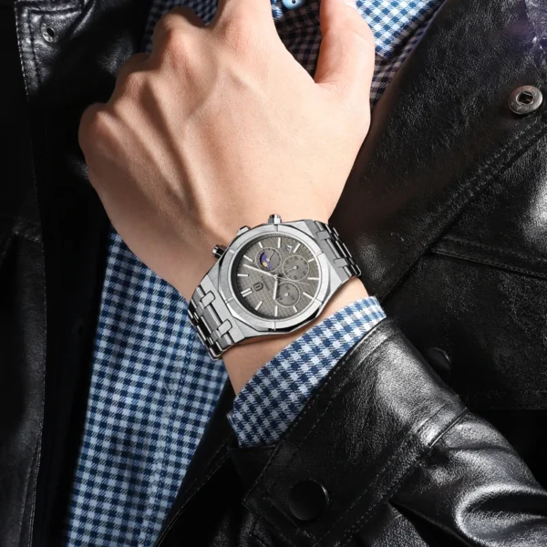QINGXIYA 2024 New Fashion Chronograph Quartz Watch Men Stainless Steel Waterproof Luminous Date Luxury Moon Phase Watches Mens - Image 6