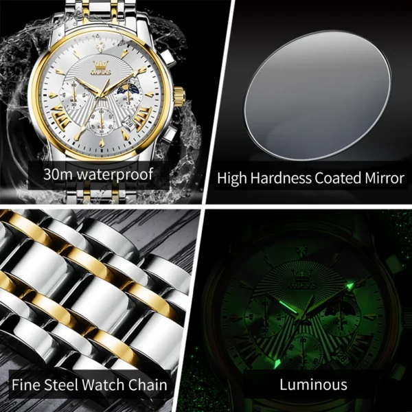 OLEVS Luxury Brand Quartz Watch for Men Waterpoof Chronograph Men's Wristwatch Auto Date Dual Calendar Moon Phase Man Watch New - Image 6