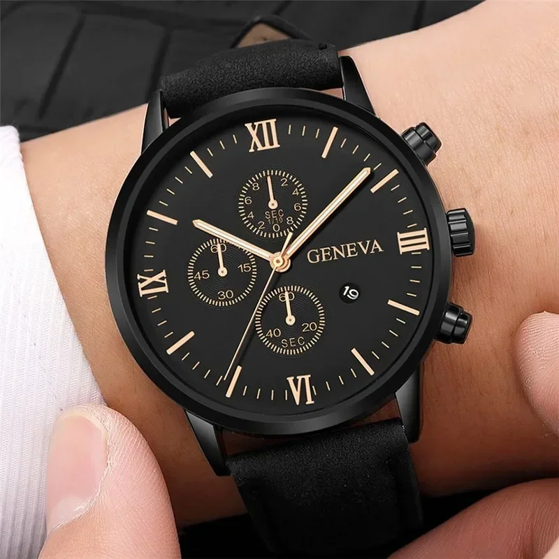 New Geneva Leisure Business Men's Watch Fashion Three Eyes Military Quartz Watches Leather Strap Waterproof Gentleman Wristwatch - Image 2