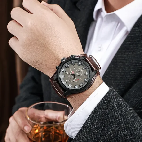 YIKAZE Luxury Business Men Quartz Watch Classic Retro Men's Watches Big Dial Leather Strap Date Military Wristwatch for Man - Image 3