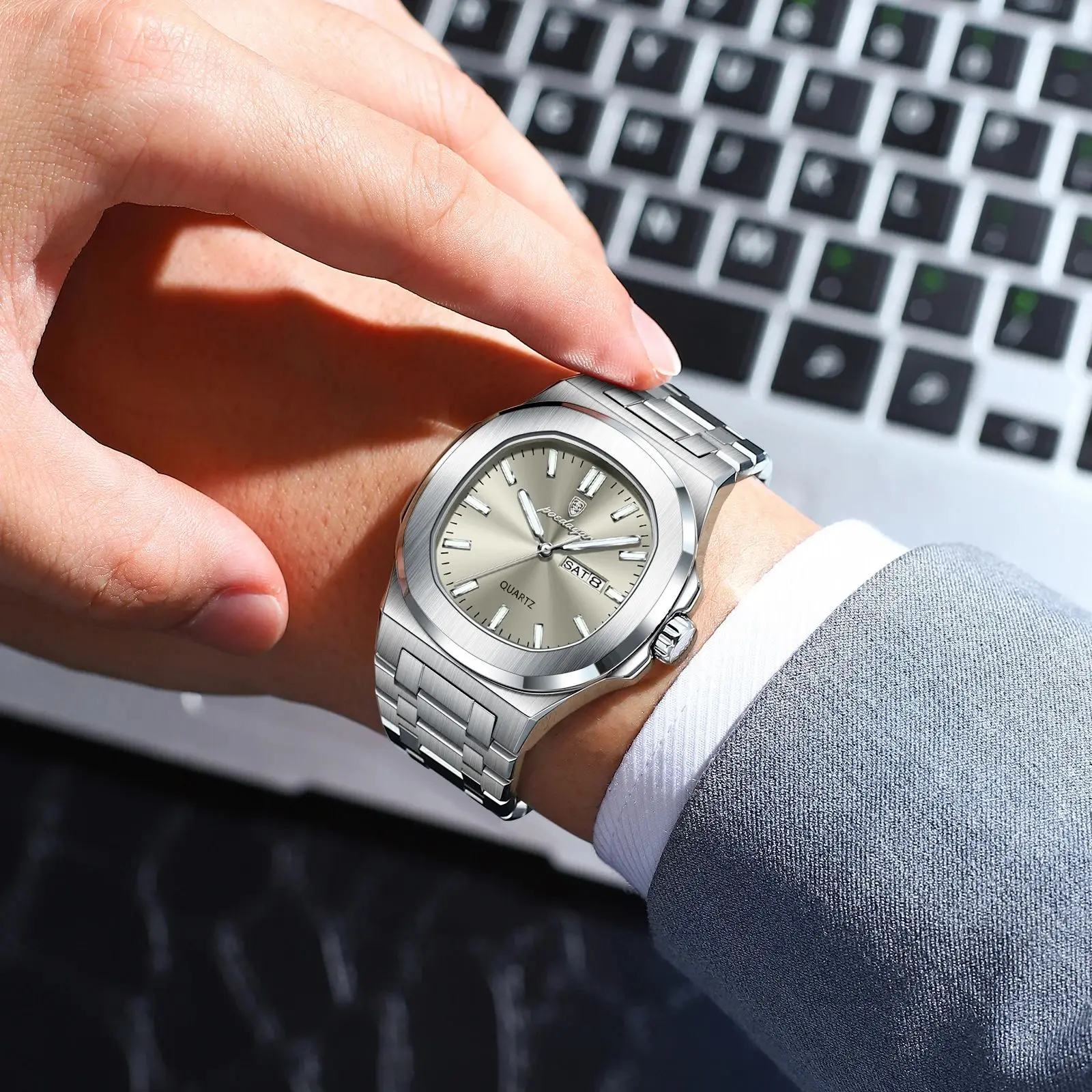 POEDAGAR Luxury Military Man Watch Square Waterproof Luminous Date Week Men Watch Stainless Steel Quartz Men's Watches Reloj+box - Image 6