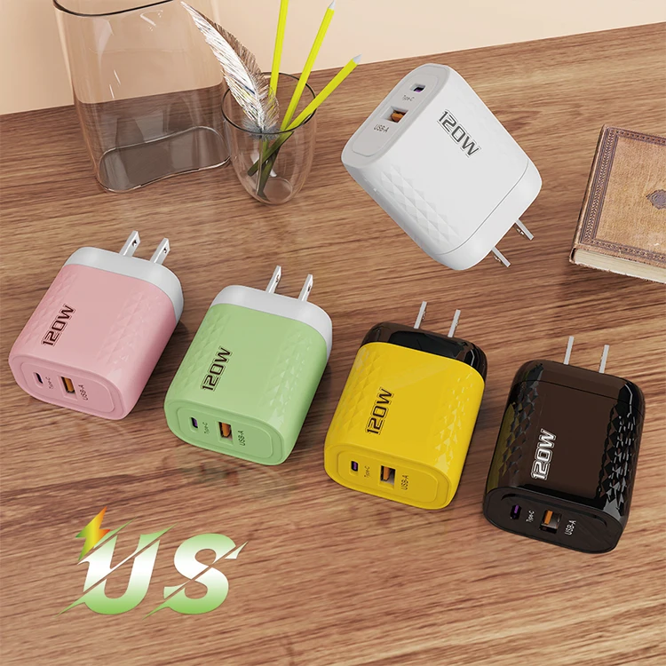 US/EU/UK A+C 2 Port Mobile Phone Charger Fast Charging Adapter 120W USB Type C Cell Phone Fast Charger