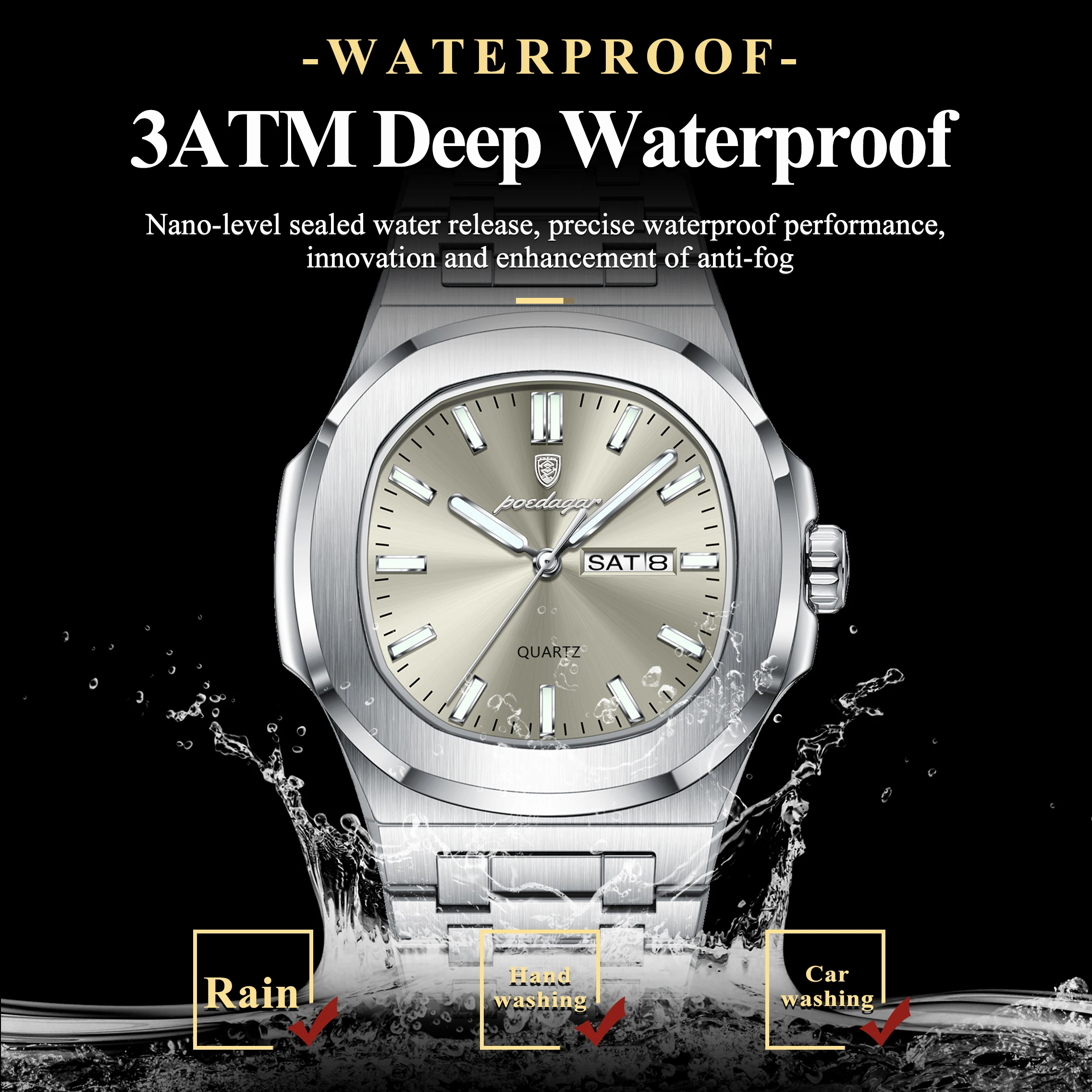 POEDAGAR Luxury Military Man Watch Square Waterproof Luminous Date Week Men Watch Stainless Steel Quartz Men's Watches Reloj+box - Image 3
