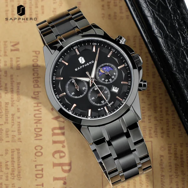 SAPPHERO Luxury Watch for Man Elegant Date Waterproof Luminous Black Wristwatch Quartz Stainless Steel Sports Men's Watches