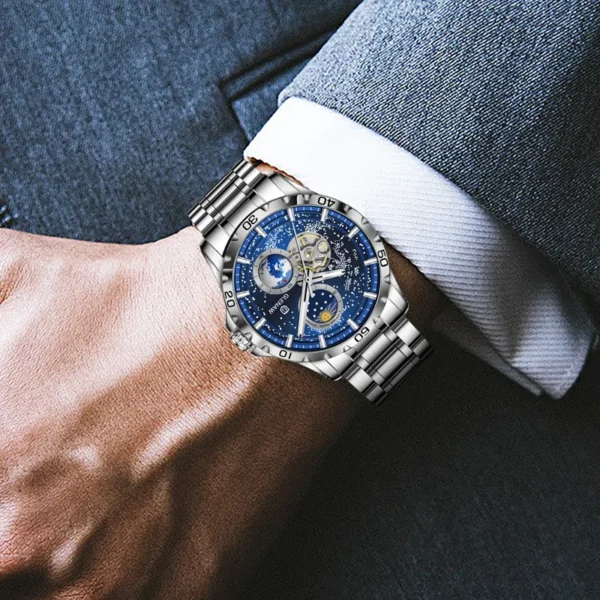 GLENAW Rotating Earth Double Second Hand WristWatch Men Automatic Mechanical Watch Starry Sky Stainless Steel Leather Watchband - Image 3