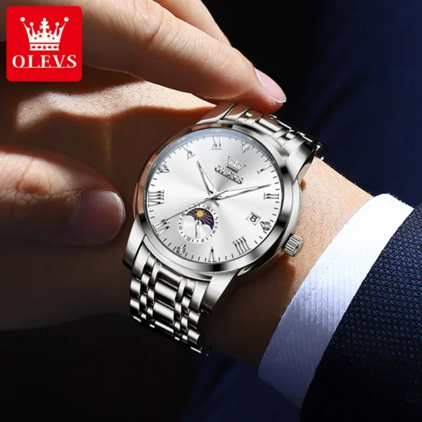 OLEVS Top Brand Men's Watches Fashion Original Quartz Watch for Man Waterproof Stainless Steel Luminous Wristwatch Moon Phase - Image 3