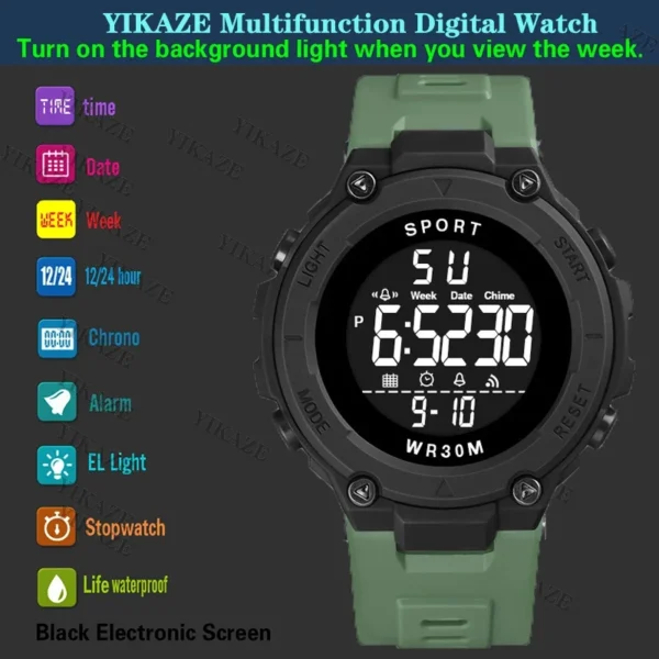 YIKAZE Digital Sports Watch for Men Waterproof Luminous Men's Sport Watches Alarm Clock Military Kids Student Electronic Watches - Image 5