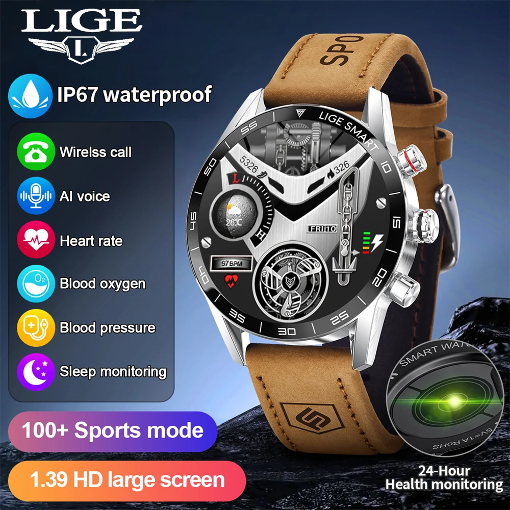 LIGE New Leather Military Digital Watches Smart Watch Men OLED HD Screen Heart Rate Bluetooth Call Waterproof Outdoor Smartwatch
