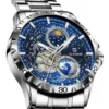 GLENAW Rotating Earth Double Second Hand WristWatch Men Automatic Mechanical Watch Starry Sky Stainless Steel Leather Watchband