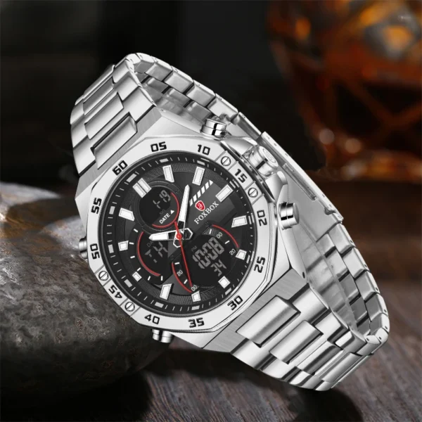 FOXBOX 2024 NEW Watches for Men Dual Display Digital Male Watch Quartz Dual Display Digital Male Steel Band Waterproof Clock - Image 2