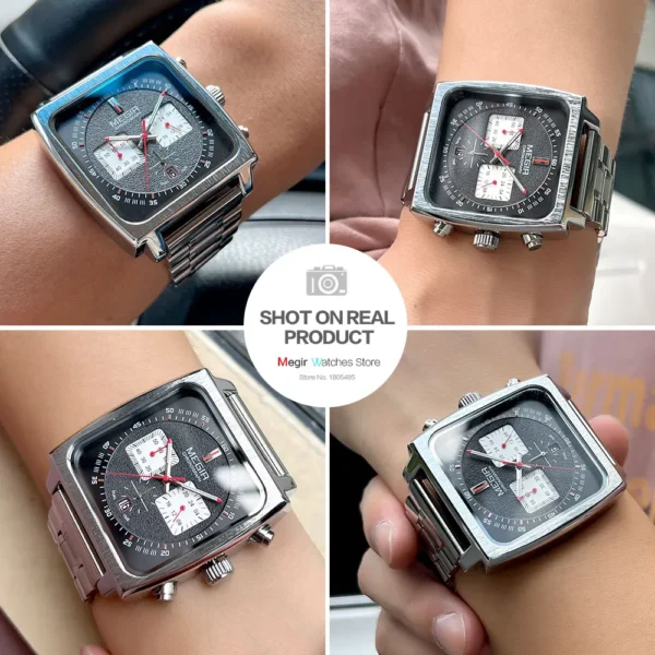 MEGIR Square Dial Quartz Watch Men Stainless Steel Strap Chronograph Sport Wristwatch with Date Luminous Hands 24-hour Indicator - Image 5