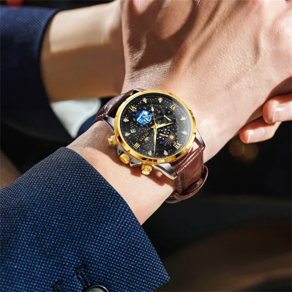 Original OLEVS Brand Quartz Watch for Men Waterproof Stainless Steel Luminous Wristwatch Moon Phase Leather Man Watches NO.9807 - Image 5